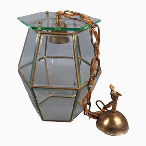 Vintage Hanging Light in Beveled Glass and Hexagonal Brass from Fontana Arte, 1950