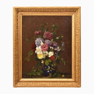 Henri Jean Baptiste Hombron, Lily and Roses, Oil on Canvas, 19th Century, Framed