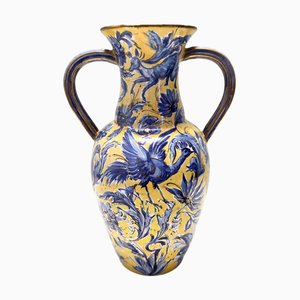 Vase Amphore Vintage Fait Main en Céramique Vernie Jaune et Bleue par Zulimo Aretini, Italie, 1950s