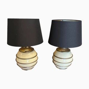 Mid-Century Modern Brass and Ivory Lacquered Metal Table Lamps, Italy, 1970s, Set of 2