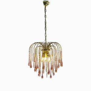 Lámpara de araña en forma de lágrima de cristal de Murano rosa, años 70