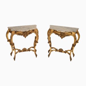 Vintage French Gilt Wood and Marble Top Console Tables, 1950, Set of 2