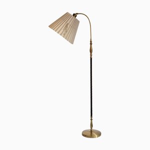 Lampadaire Scandinave Moderne en Laiton avec Garniture en Cuir Marron Foncé, Suède, 1950s