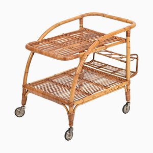 French Riviera Serving Bar Cart in Curved Bamboo, Rattan and Wicker, Italy, 1960s