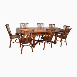 Table de Réfectoire et Chaises de Salle à Manger Windsor en Chêne, Set de 9