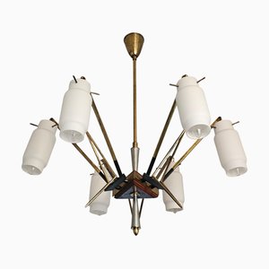 Lampadario Mid-Century moderno in ottone a 6 braccia attribuito a Stilnovo, Italia, anni '50