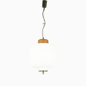 Opaline Glass, Brass and Teak Pendant Lamp in the style of Arredoluce, 1950s