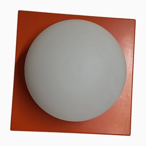 Orangefarbene deutsche Deckenlampe aus Metall mit opakem weißem Glasschirm von E. & S. Emmrich & Schöning, 1970er