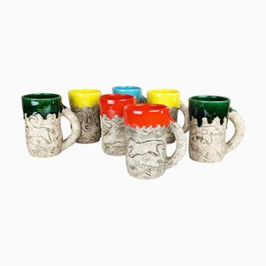 Mid-Century Modern Multicolored Glazed Ceramic Cups by Francis Triay for Vallauris, 1950s, Set of 8