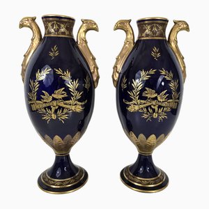 Vasi Empire blu cobalto e oro, Limoges, Francia, set di 2
