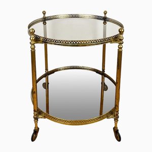 Mid-Century Round Brass and Glass Rolling Trolley