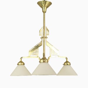 Lustre Art Déco en Laiton avec Abat-Jour en Verre Opalin, Vienne, Autriche, 1925