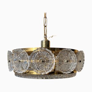 Lampada Mid-Century in cristallo e ottone di Carl Fagerlund per Orrefors, Svezia, anni '60