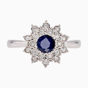 Moderner Blumen-Cluster-Ring aus 18 Karat Weißgold mit Saphir und Diamanten