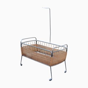 Mid-Century French Childrens Bed in Rattan and Chrome, 1960s