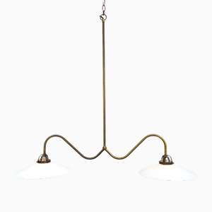 Antique Dutch Double Opaline Pendant Lights with Brass Galleries