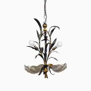 Early Art Nouveau Floral Chandelier with Etched Shell Shaped Glasses, 1890s