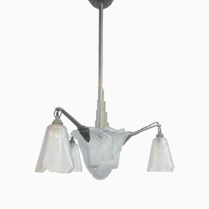 Großer geätzter Art Deco Kronleuchter von Degue and Hugue, Frankreich, 1890er