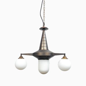 Dutch Brass and Opaline Amsterdam School Chandelier, 1890s