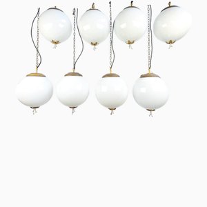 Mid-Century Opaline Globe Pendant with Floral Brass Finial