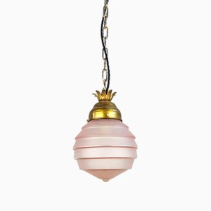 Lampada a sospensione antica in vetro a coste rosa tenue e ottone, Paesi Bassi, anni '30