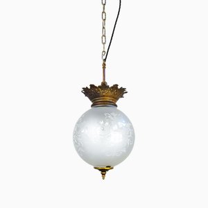 Antique Etched Glass Globe Pendant Light with Brass Gallery