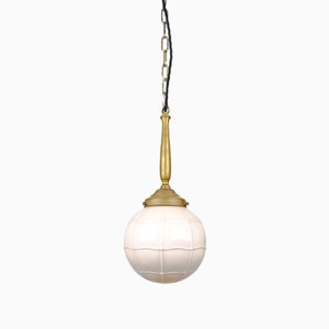 Art Deco Soft Pink Opaline Glass and Brass Pendant Light, 1940s