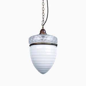 Early Beehive Opaline and Cloudy Etched Glass Pendant Light, 1920s