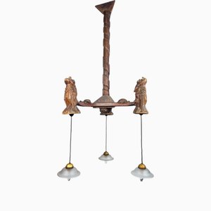 Antique French Wooden Folk Art Animal Chandelier with Etched Glass Shades