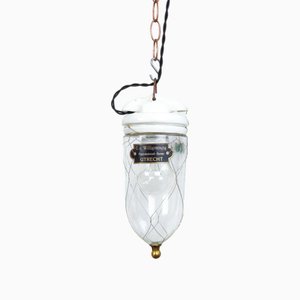 Antique Dutch Brass Wire Caged Porcelain and Glass Pendant from Utrecht