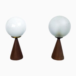 Lampada da tavolo minimalista e modernista in legno duro e vetro con finitura opalina o acidata