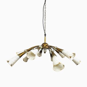 Lampadario Mid-Century in ottone e vetro, Italia