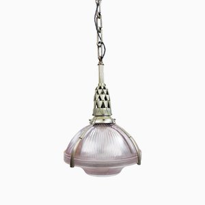 Art Deco Nickel Plated Bronze and Holophane Pendant Light by Émile-Jacques Ruhlmann, 1920s