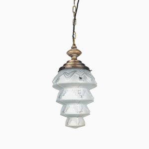 Antique Etched French Art Deco Etched Skyscraper Pendant Light