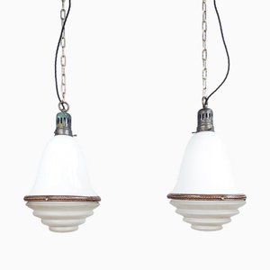 Niederländische zweifarbige Hängelampe aus Opalglas und geätztem Glas
