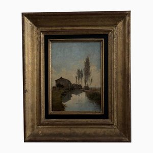 Paul Faugier, Paesaggio lungo il fiume con pioppi, Olio su cartone