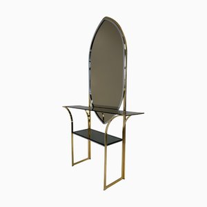 Italian Curved Brass and Chromed Console Table, 1970s