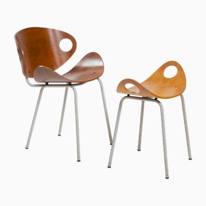 Sedia e sgabello vintage di Olof Kettunen per Merivaara, Finlandia, anni '50, set di 2