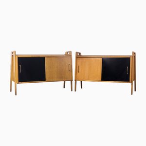 Oak Sloping Front Sideboards with Sliding Doors, 1950s, Set of 2
