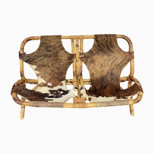 Rattan & Rindsleder Bank im Stil von Tito Agnoli, 1970er