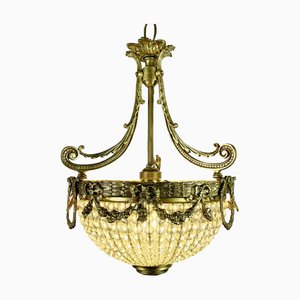 Lámpara de araña francesa de bronce y cristal, década de 1890