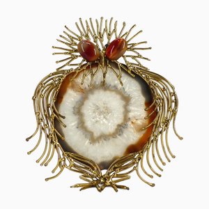 Brutalist Owl Sculpture in Brass and Agate, 1970s
