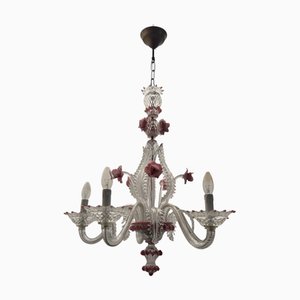 Venetian Murano Glass Clear Pink Chandelier, 1960s