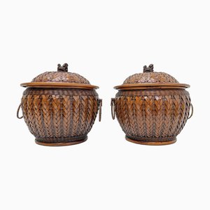 Chinese Shanghai Rattan Bamboo Baskets with Lid, 1960s, Set of 2