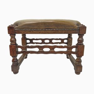 Barocker spanischer Hocker aus geschnitztem Holz & Leder, 1950er