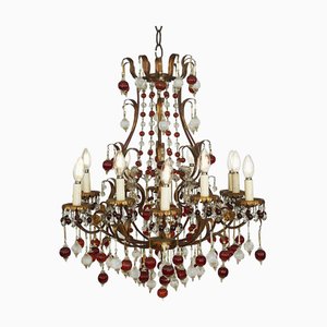 Golden Iron Cage Chandelier with Colored Glass, 1960s