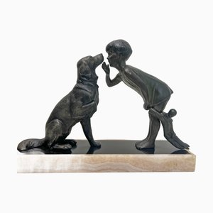 French Art Deco Style Sculpture of Girl with Dog in Spelter and Marble, 1940s