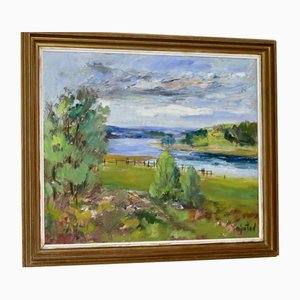 Nystad, Realistic Landscape, 1950s, Oil on Board, Framed