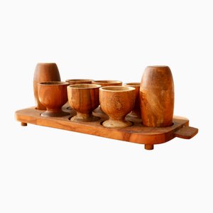 Vintage Wooden Egg Cups and Salt Pepper Shakers, 1950s, Set of 9