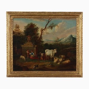 French School Artist, Landscape with Figures and Herds, Oil on Canvas, Framed